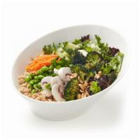 Buddha · Brown basmati rice, chopped mix, carrots, peanuts, cucumbers, edamame, roasted broccoli, mus...