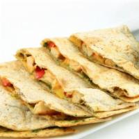 Pesto Quesadilla · Chicken, peppers, cheddar, pesto. Served with ranch and salsa.