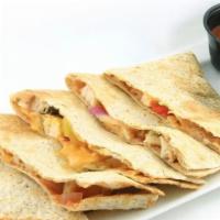 BBQ Chicken Quesadilla · Chicken, hot peppers, cheddar, onions, mushrooms, BBQ sauce. Served with ranch and salsa.
