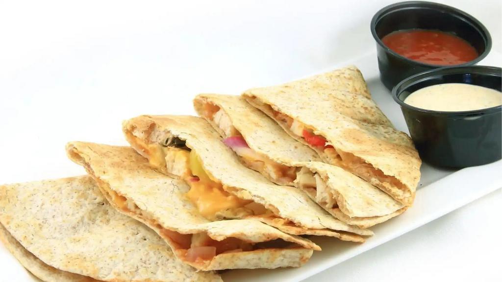 BBQ Chicken Quesadilla · Chicken, hot peppers, cheddar, onions, mushrooms, BBQ sauce. Served with ranch and salsa.