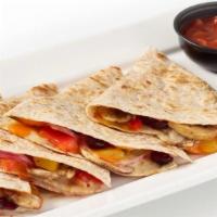 Veggie Quesadilla · Peppers, mushrooms, red onions, sun-dried cranberries, mozzarella and cheddar. Served with r...