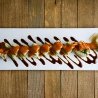 911 Roll · Shrimp tempura, avocado, jalapenos topped with eel sauce, sweet and spicy sauce, tempura cru...