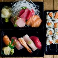 Sushi and Sashimi Combo · 9 pieces of assorted fish, 5 pieces of assorted sushi with California roll or spicy tuna. Co...