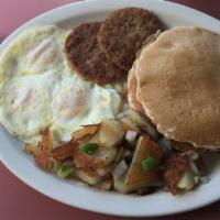 Pioneer Breakfast · 3 eggs, potatoes, choice of ham, bacon or sausage, and 2 small pancakes. 