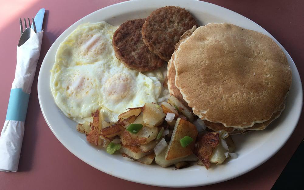 Pioneer Breakfast · 3 eggs, potatoes, choice of ham, bacon or sausage, and 2 small pancakes. 