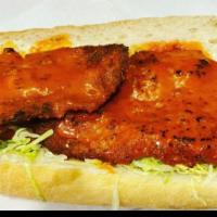 Buffalo Chicken Cutlet Sandwich · Hot sauce, bleu cheese, lettuce and tomato.