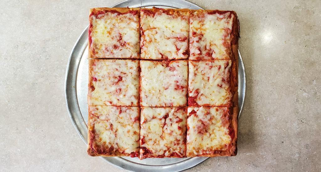 Sicilian Pizza · Thick crust, square, deep-dish pizza with tomato sauce and mozzarella
