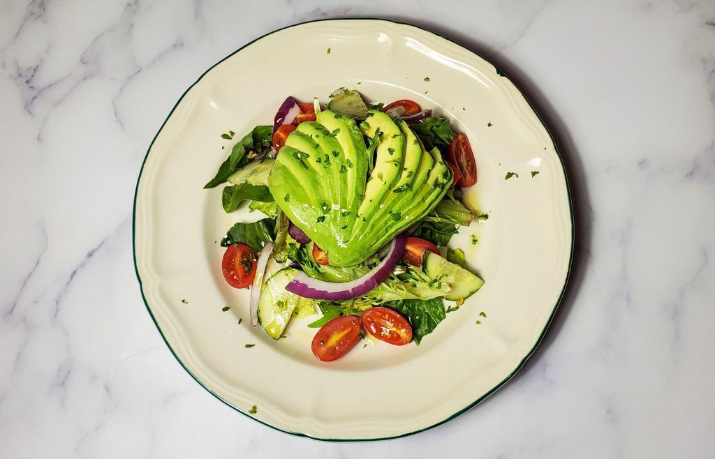 Avocado Salad · Mixed greens, arugula, avocado, cherry tomatoes, red onions, cucumbers, parsley, & Italian dressing