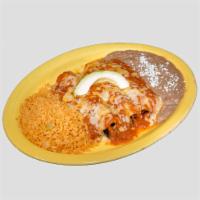 Texas Enchiladas · 3 fajita enchiladas topped with your choice of chile con queso, cilantro sauce, ranchero sau...