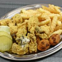 25. Three Pieces Fish and 5 Pieces Oyster · choice of fish: catfish fillet, rock fish, basa, whiting fillet, tilapia fillet