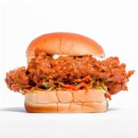 Buffalo Chicken Sandwich · Topped with carrot celery slaw and bleu cheese. Served on a Martin’s potato roll.
