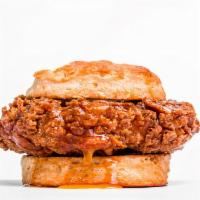 Spicy Honey Butter Chicken Biscuit · Boneless fried chicken breast topped with our house-made honey butter and hot sauce, served ...