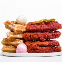 Vegetarian Nashville Hot Chicken ＆ Waffles · 4 spicy vegetarian fried chicken tenders paired with a whole waffle. Served with hot sauce, ...
