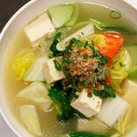 Tofu and Vegetables Noodle Soup · Rice noodle, tofu and mixed vegetables in clear vegetable broth.