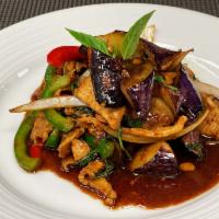 Stir Fried Basil Eggplant · Stir fried meat with basil, eggplant, white onion and bell pepper in Thai sauce.