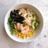 Kai Wasabi Shrimp Bowl · Rice, shrimp, avocado, cilantro, cucumber, red onion, red radish, sesame seeds, sweet corn, ...