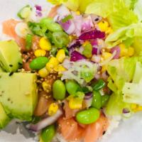 Pacific Ponzu Salmon Bowl · Rice, salmon, avocado, edamame, red onion, lettuce, sesame seeds, sweet corn, scallions, and...