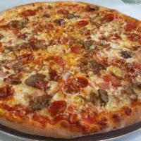 Meat Lovers Pizza · Mozzarella cheese and sauce pie with pepperoni, sausage, & bacon.