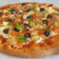 Mediterranean Delight Pizza · Mozzarella cheese and sauce pie with grilled chicken, feta, tomatoes, green peppers, onion a...