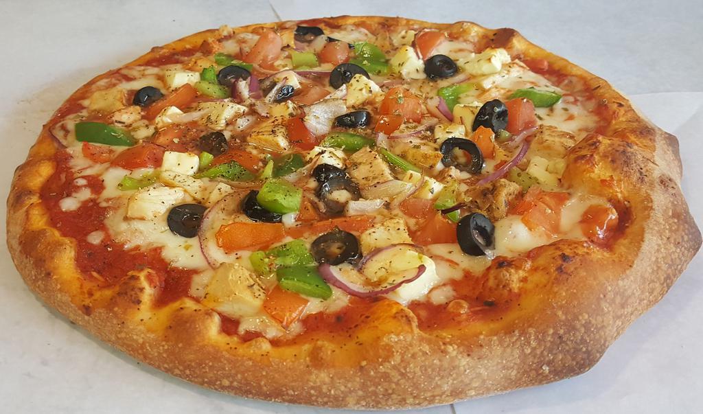 Mediterranean Delight Pizza · Mozzarella cheese and sauce pie with grilled chicken, feta, tomatoes, green peppers, onion and olives.