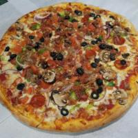 Nicky B's the Works Pizza · Mozzarella cheese and sauce pie with pepperoni, sausage, bacon, onions, green peppers, black...