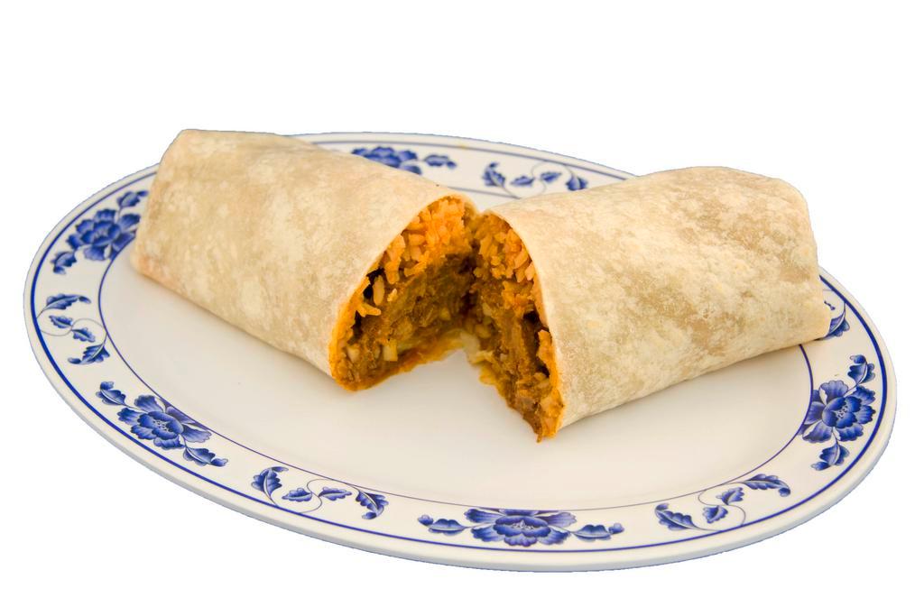 Mexican Burrito · Rice, beans, onions, cilantro, salsa, and choice of meat wrapped in a flour tortilla.
