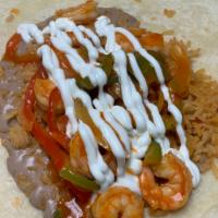 Shrimp Burrito · Shrimp with rice, beans, and pico de gallo wrapped in a flour tortilla.