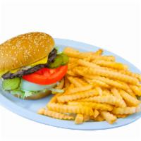 Cheeseburger · Served with french fries.