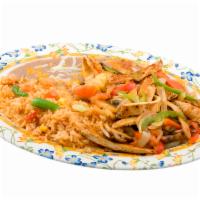 Chicken Fajitas Plate · Grilled chicken cooked with sauteed peppers, onions, and mushrooms served with rice, beans, ...