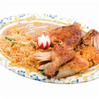Pollo Asado Plate · Grilled 1/2 chicken served with rice, beans, and tortillas.