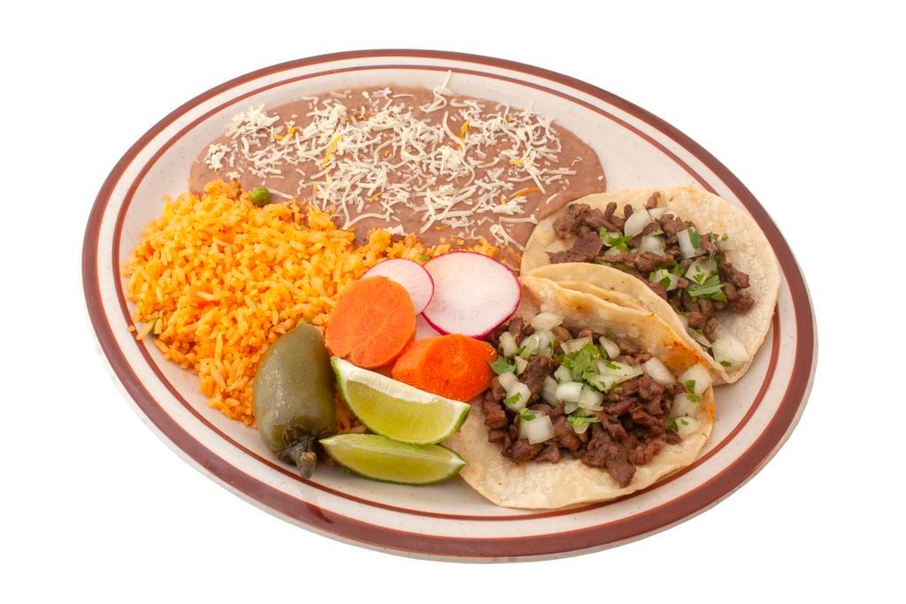 Taco Plate · 2 tacos served with rice and beans