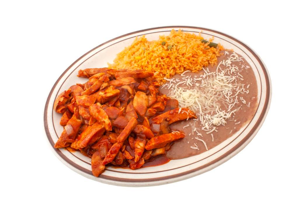 Pollo a la Diabla · Sliced chicken breast grilled and cooked in a spicy red sauce. Served with rice, beans, and tortillas.