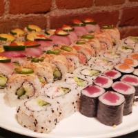 Sensei Maki Combo  (recommended for2)  · 44 pieces total. 1 angry roll (8 pieces), a California roll (8 pieces), 1 hang 10 roll (8 pi...