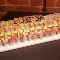 Sensei Maki Combo (recommended for 4)  · 44 pieces total. 2 angry roll (8 pieces), 2 California roll (8 pieces), 2 hang 10 roll (8 pi...