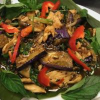 Eggplant Basil w/ Seafood · Sichuan eggplant with garlic, peppers, Thai basil, shrimp, and scallops. Spicy