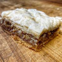Baklava · Layered phyllo dough filled with nuts.