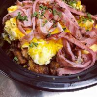 The City Bowl · Served with potato hash, scrambled eggs, cheddar cheese.