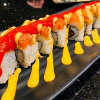 Super spicy · Spicy salmon,crunchy,on top with spicy tuna,spicy mayo sauce and dot siracha