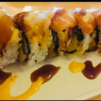 Fantasy · Unagi,spicy snow crab,avocado,tamago top salmon, white tuna with eel,spicy mayo