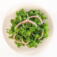 Kale Chia Salad · Organic kale, lemon juice, EVOO, pickled red onions, chia seeds, sea salt (GF, Vegan)