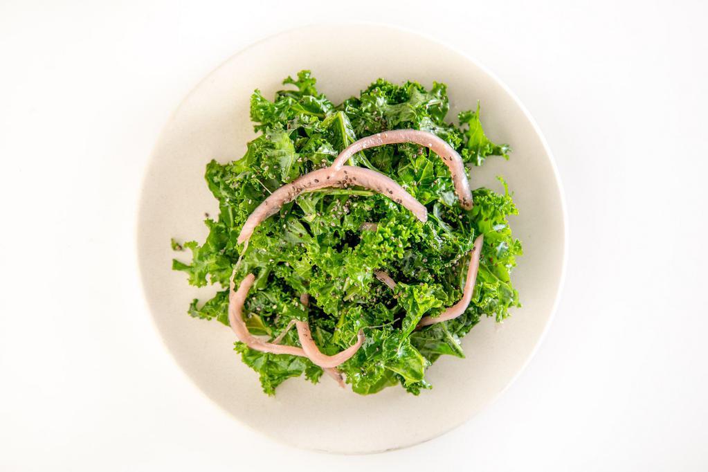 Kale Chia Salad · Organic kale, lemon juice, EVOO, pickled red onions, chia seeds, sea salt (GF, Vegan)