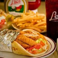 Chicken Fingers Pita · Swiss and American cheese, lettuce, and tomato. Served with choice of sauce.