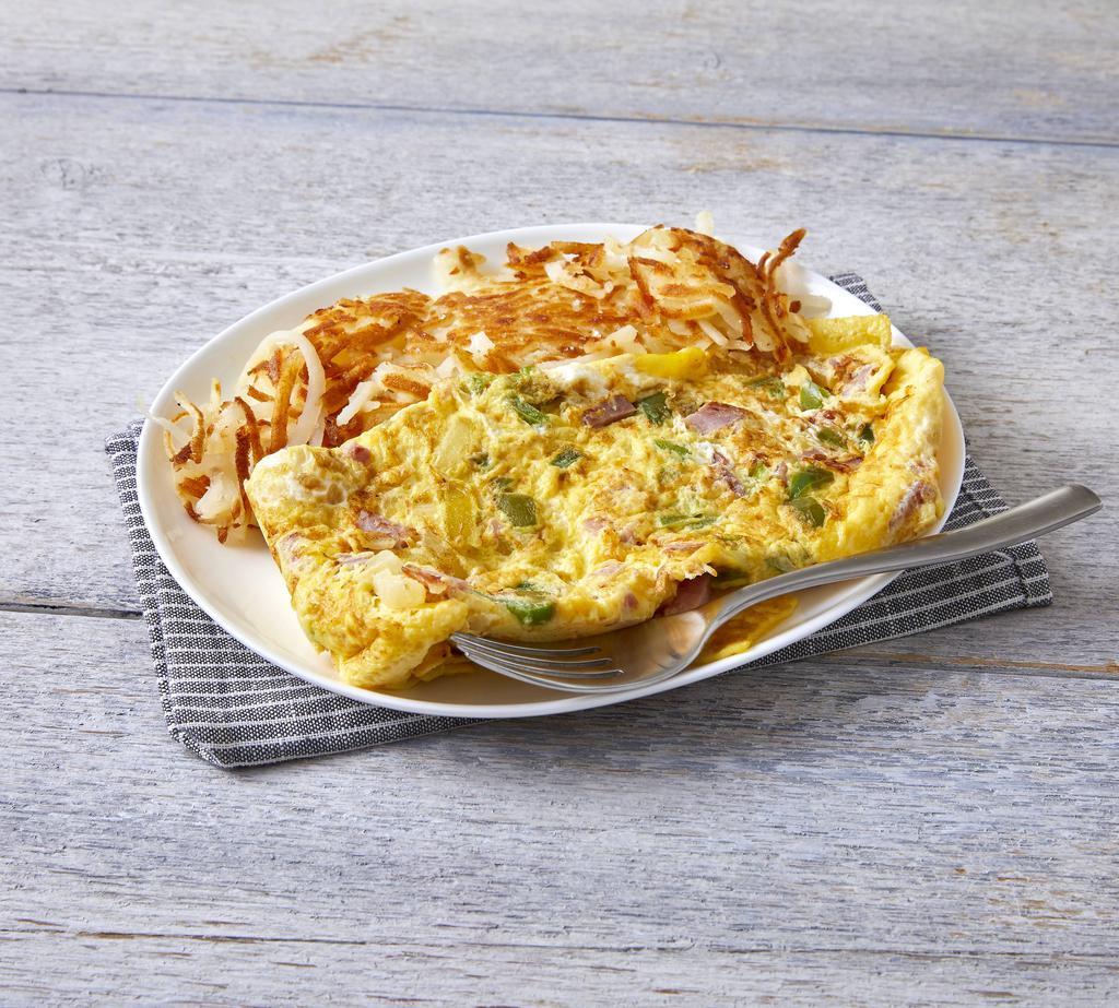Western Omelette · Made with onion, green pepper, and ham. Includes 3 eggs. Served with hash browns, toast, and jelly. Add cheese for an additional charge. 