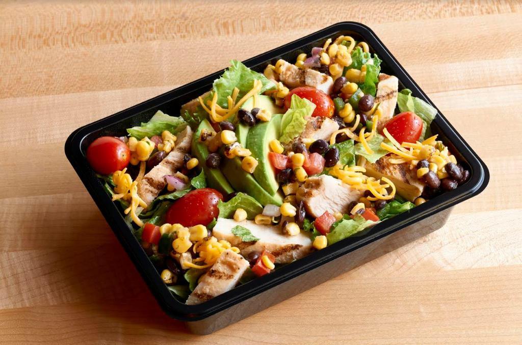 Mesa Chicken Salad · Grilled, 100% antibiotic-free chicken breast, mixed salad greens, cheddar, grape tomatoes, chopped avocado, roasted corn and black bean mix and jalapeno ranch dressing. Gluten sensitive.