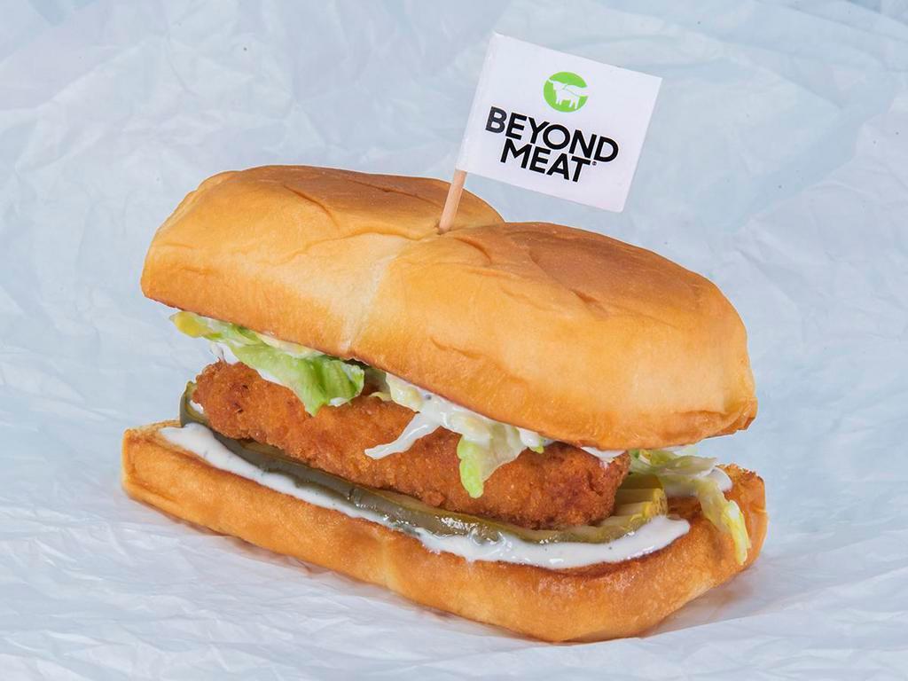Beyond® Bad Mutha Clucka Slider · Crispy fried Beyond® tender, spiced to your liking, Plain, Nashville Hot or Nashville Hotter with miso ranch, dill pickle slices and lettuce; served on King's Hawaiian rolls