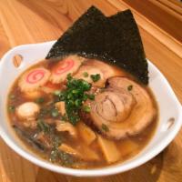 Shoyu Ramen Noodle Soup · Japanese egg noodles, soy sauce, pork broth, pork chashu, marinated bamboo shoots, boiled eg...