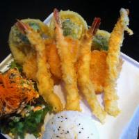 Shrimp and Vegetable Tempura Dinner · Deep-fried shrimp and vegetable tempura served with tempura sauce and a house salad, miso so...