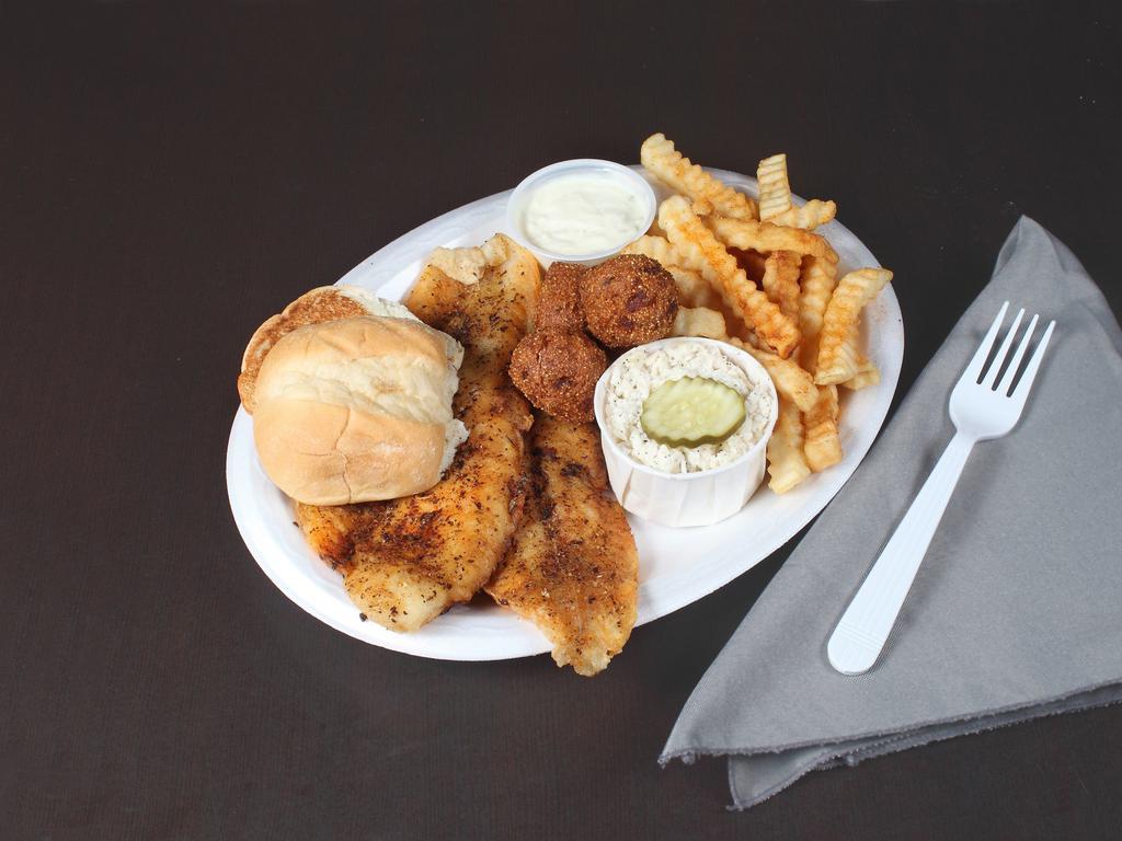 Blackened Grouper Plate · 2 large white fish fillets blackened with our house made tartar sauce.