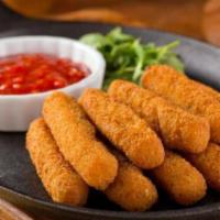 Mozzarella Sticks · Mozzarella cheese that has been coated and fried.