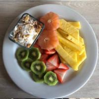 Yogurt with Fruits · Greek yogurt with fruits, granola and honey.